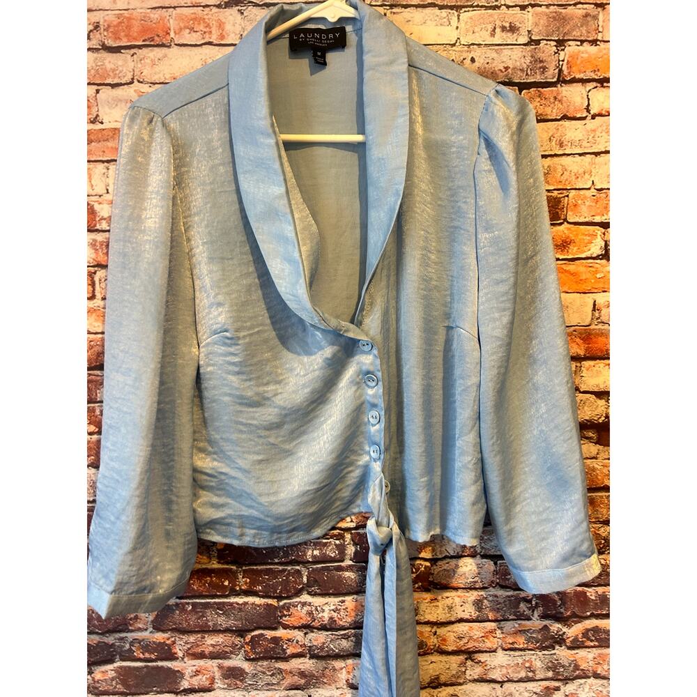Laundry by Shelli Segal satin blue cropped front tie blouse women's size medium